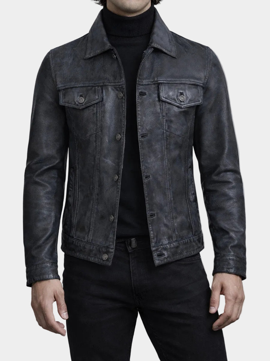 Ravenport Black Washed Leather Trucker Jacket