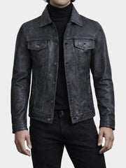 Ravenport Black Washed Leather Trucker Jacket