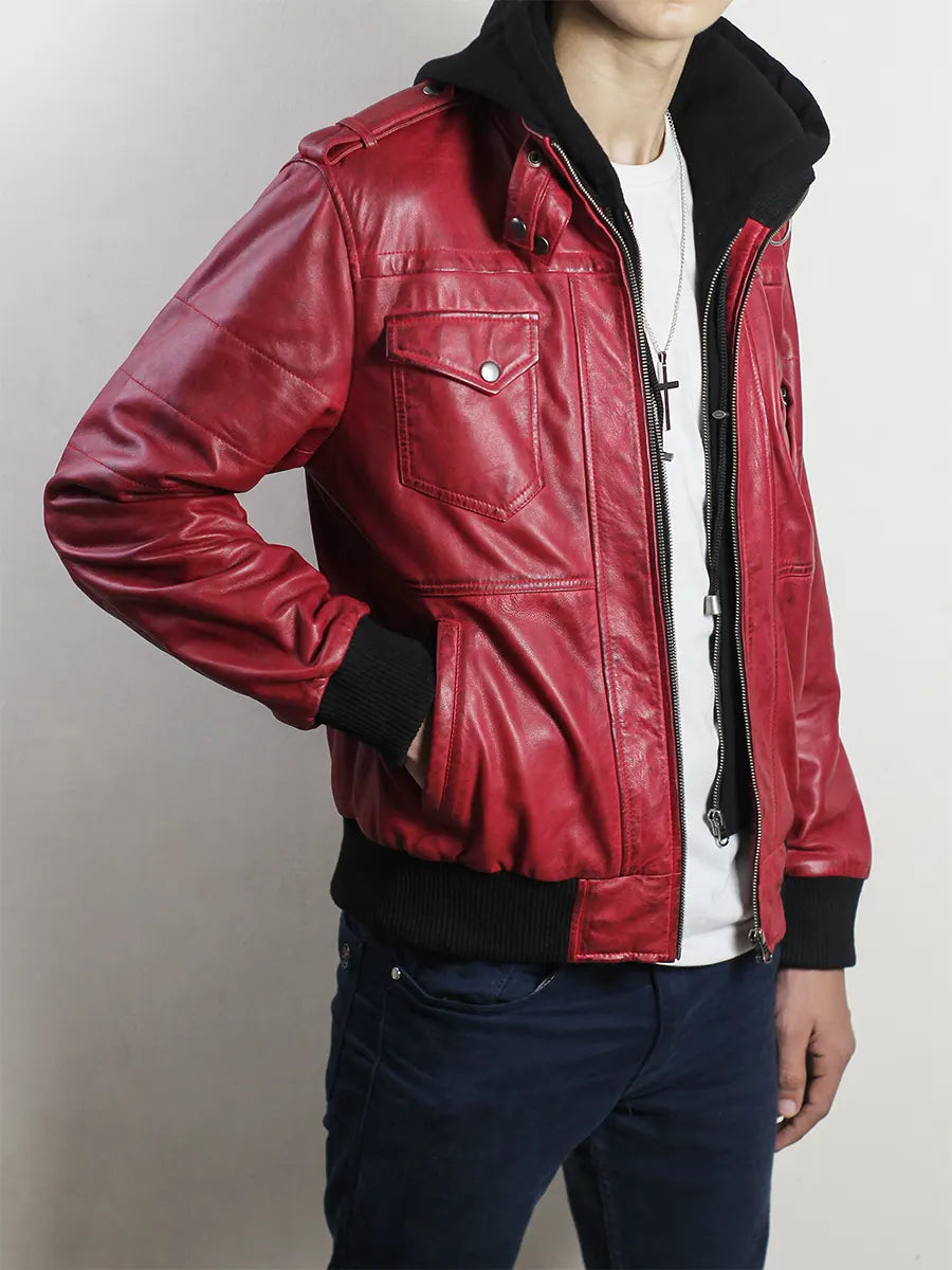 Oaklen Hooded Red Leather Jacket
