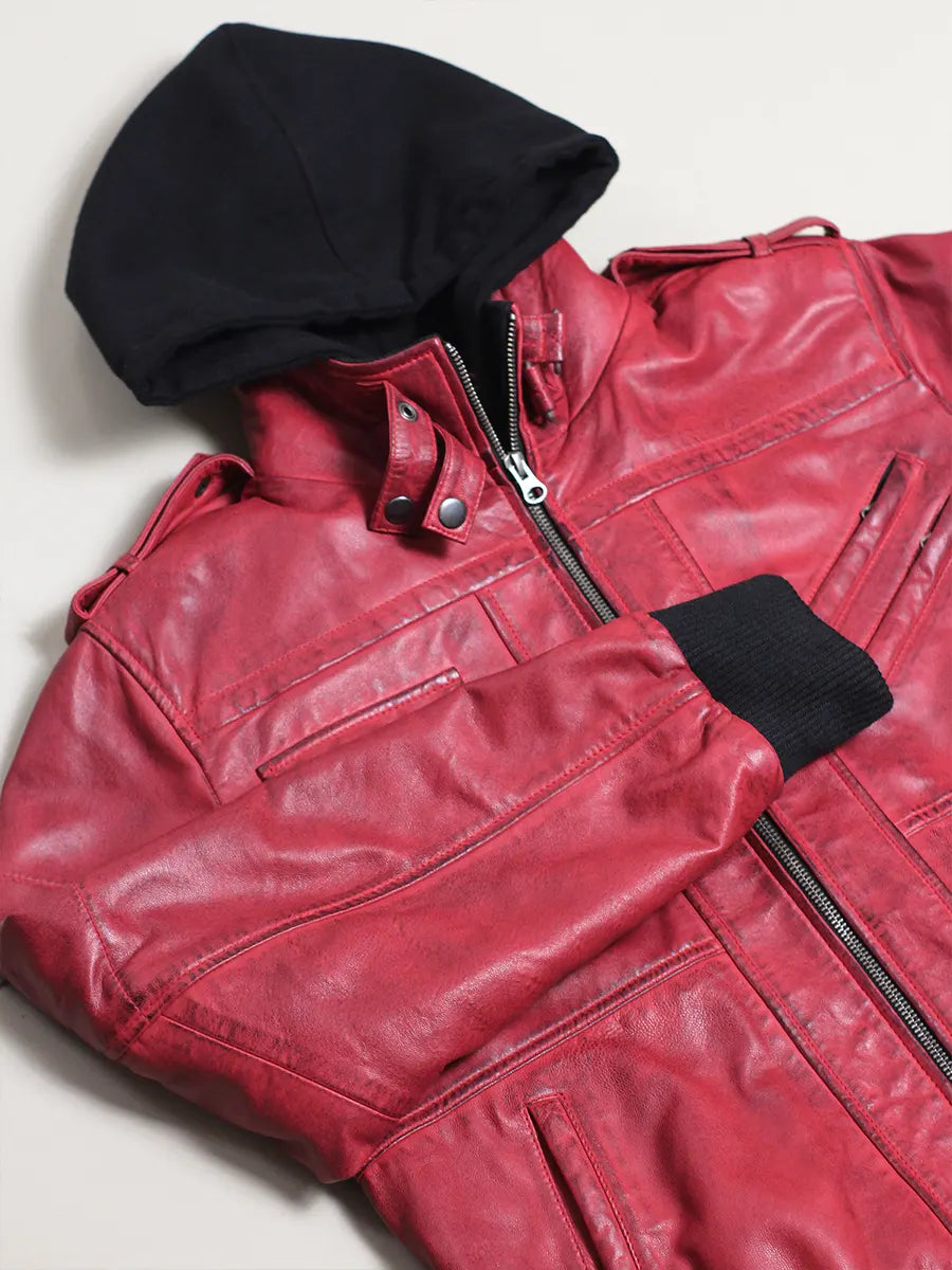 Oaklen Hooded Red Leather Jacket