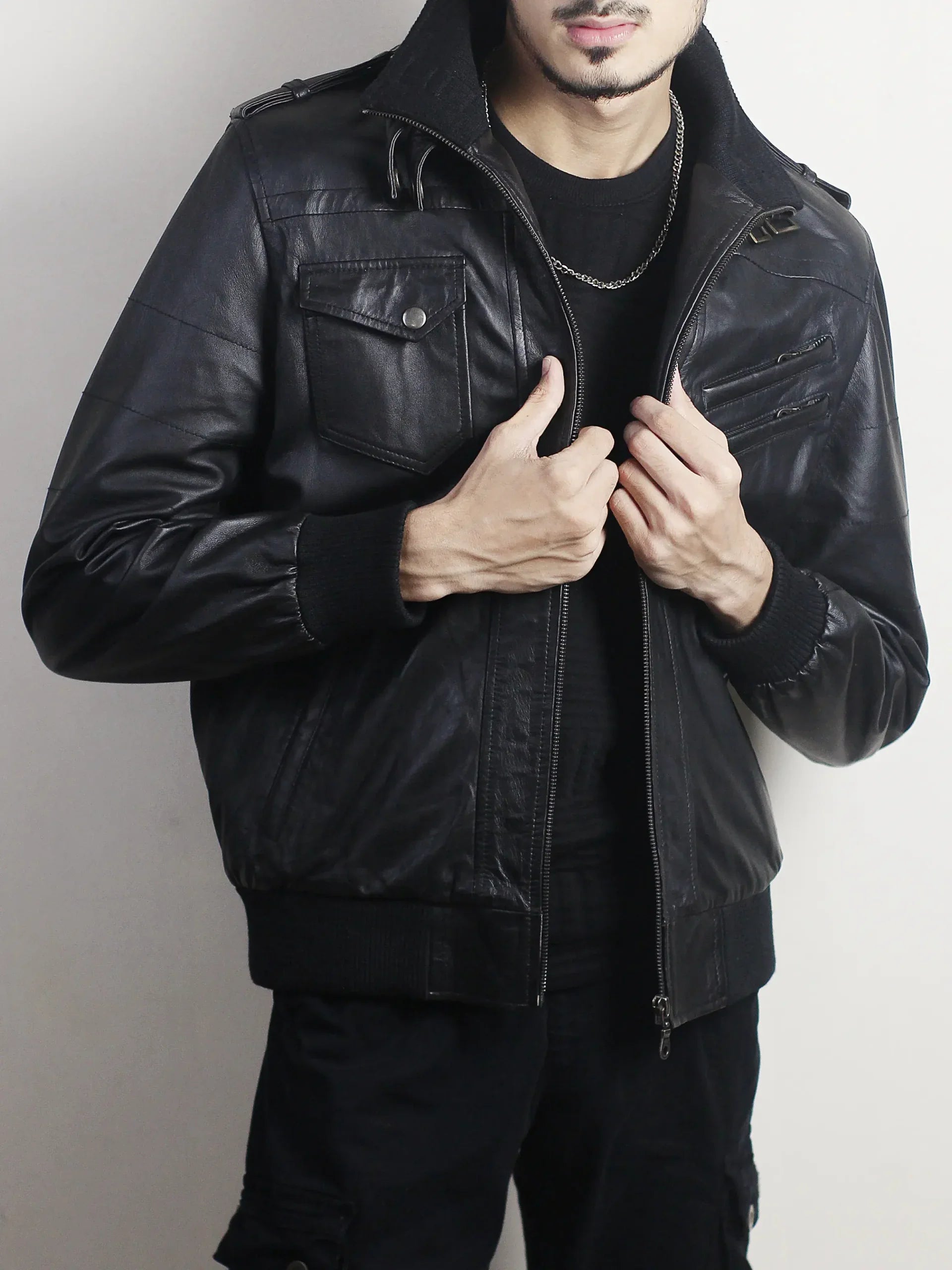 Men's Black Leather Hooded Bomber Jacket