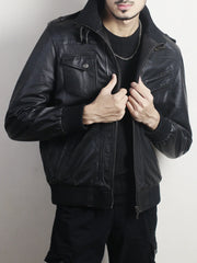 Men's Black Leather Hooded Bomber Jacket