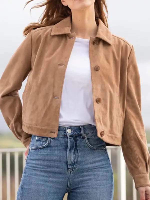 Women's Sand Color Suede Leather Fashion Jacket