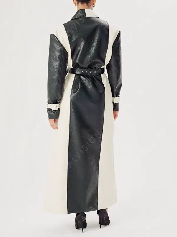 Selena Gomez Black And White Leather Coat