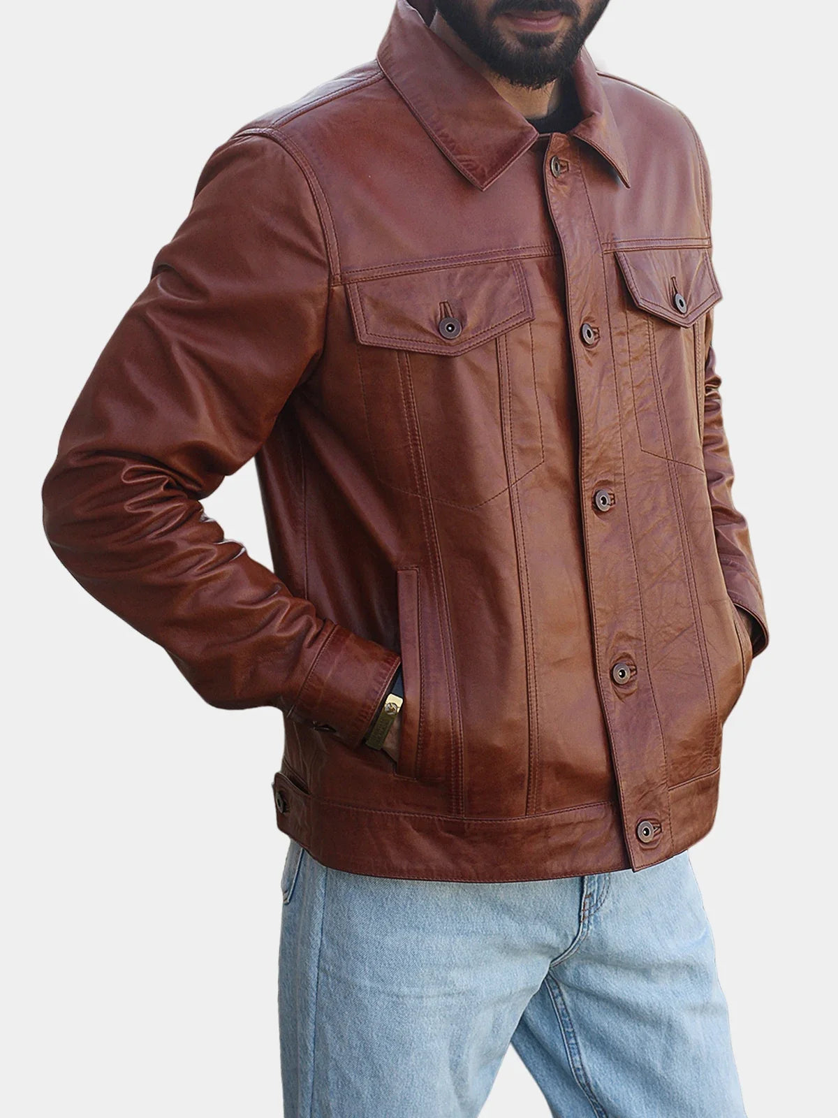 Men's Cognac Trucker Leather Jacket