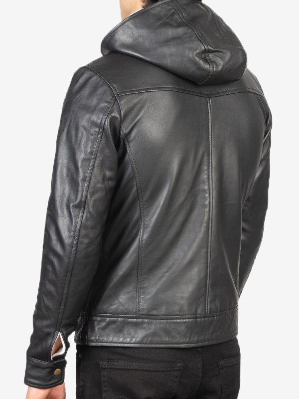 Smooth Black Hooded Leather Jacket For Men's
