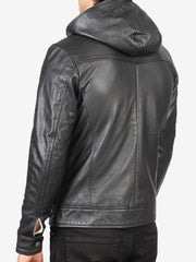 Smooth Black Hooded Leather Jacket For Men's