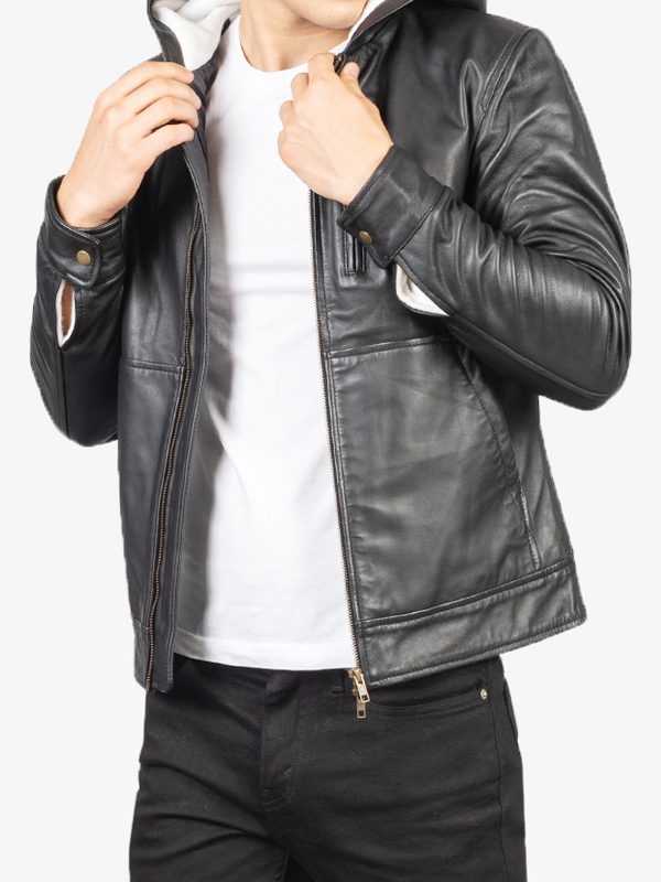 Smooth Black Hooded Leather Jacket For Men's