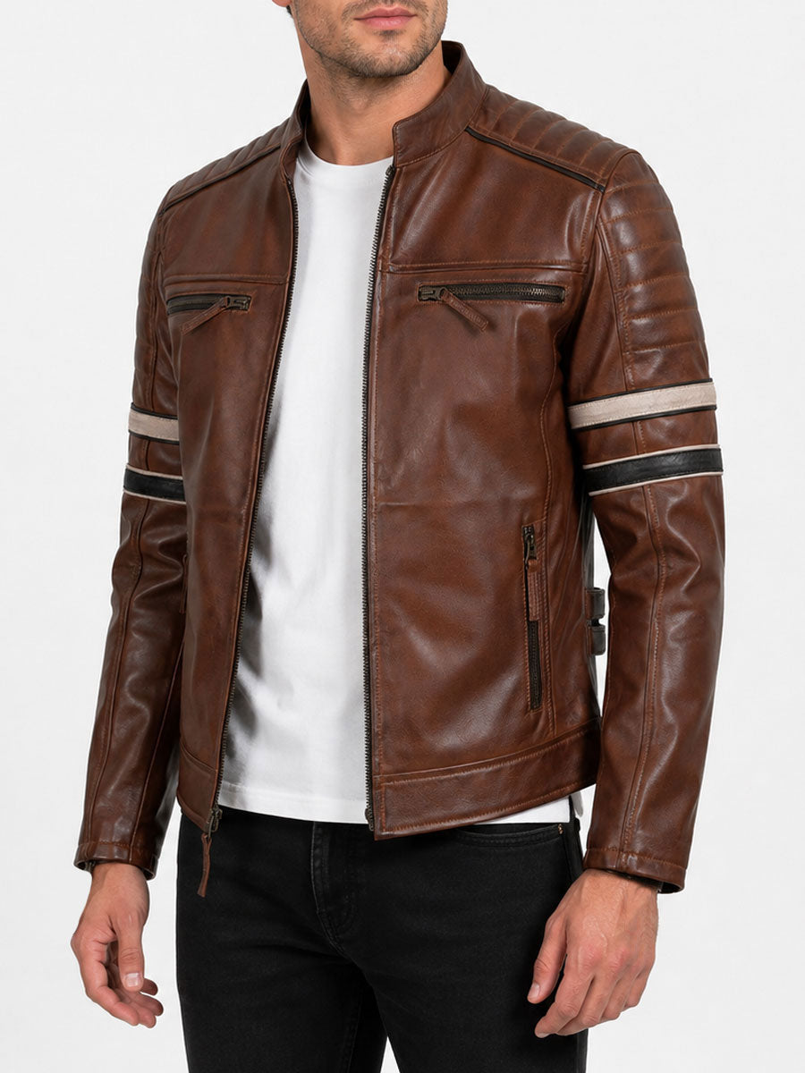 Spencer Striped Brown Racer Leather Jacket