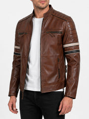 Spencer Striped Brown Racer Leather Jacket