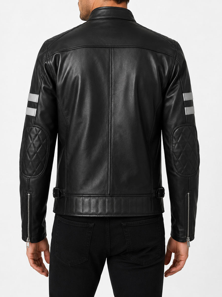 Fairmont Striped Black Cafe Racer Leather Jacket