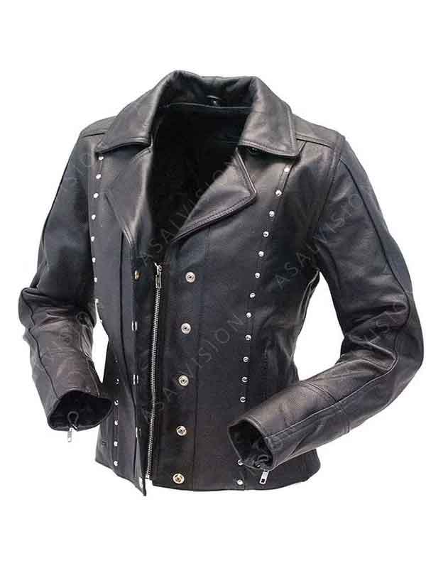 Womens Studded Black Leather Biker Jacket