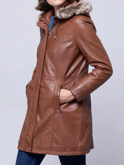 Fur Hooded Leather Coat For Women's