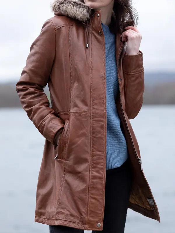 Fur Hooded Leather Coat For Women's