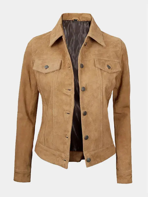 Women's Tan Suede Trucker Jacket – Timeless Utility, Soft Finish