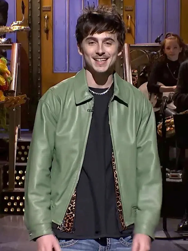 SNL Timothée Chalamet Green Leather Jacket