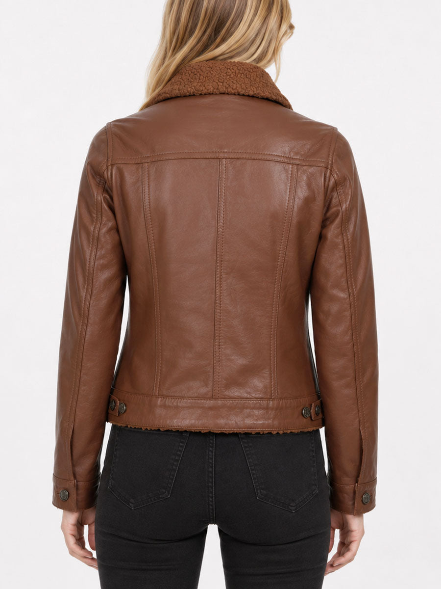 Ulani Cognac Brown Leather Sherpa Lined Jacket