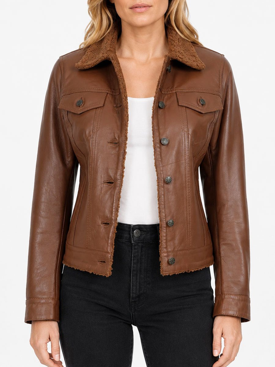 Ulani Cognac Brown Leather Sherpa Lined Jacket