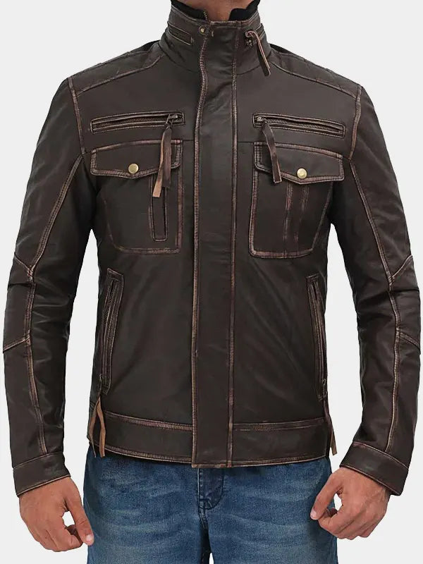 Mens Brown Cafe Racer Distressed Leather Jacket