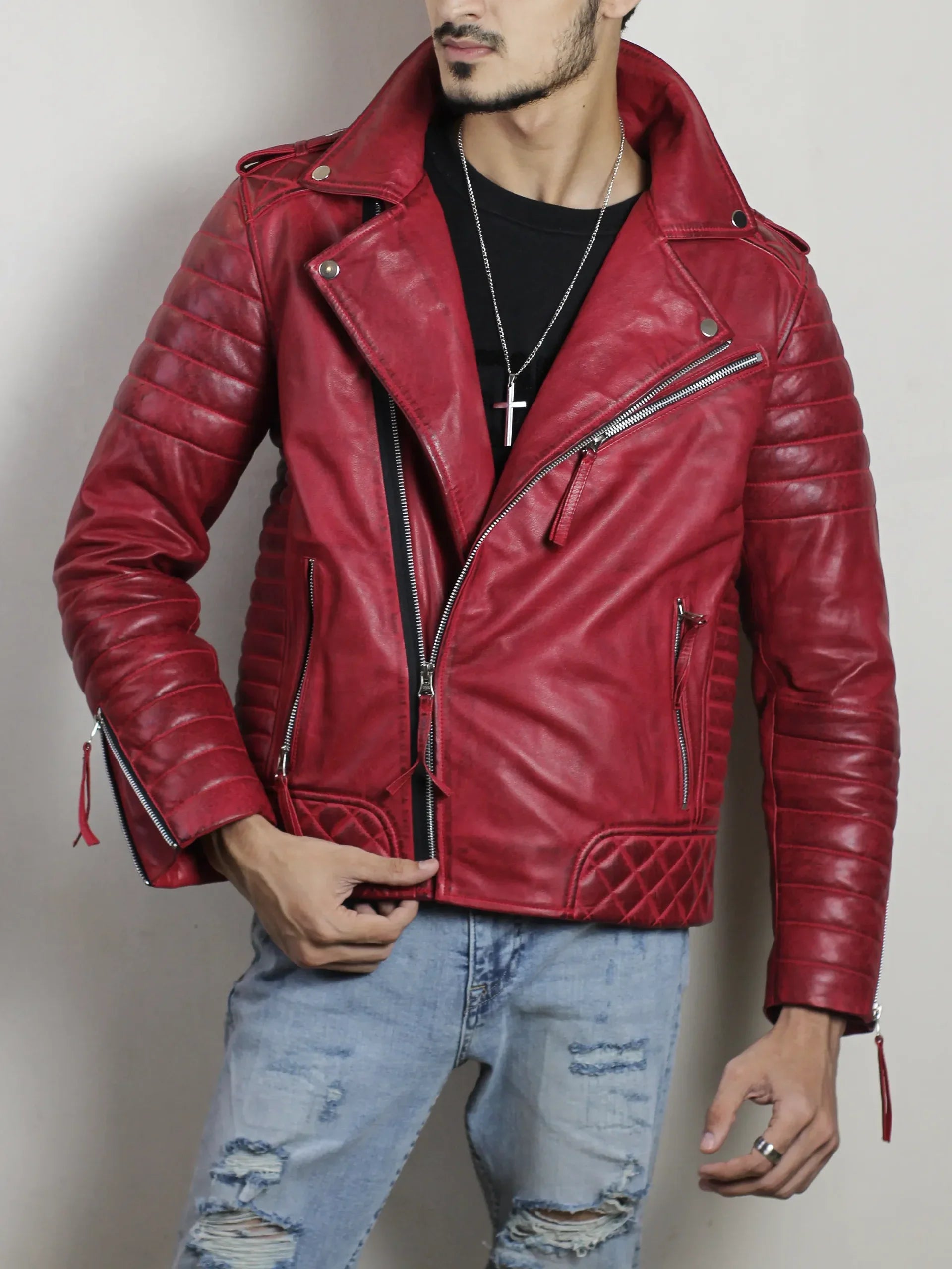 Zerick Dark Red Biker Leather Jacket