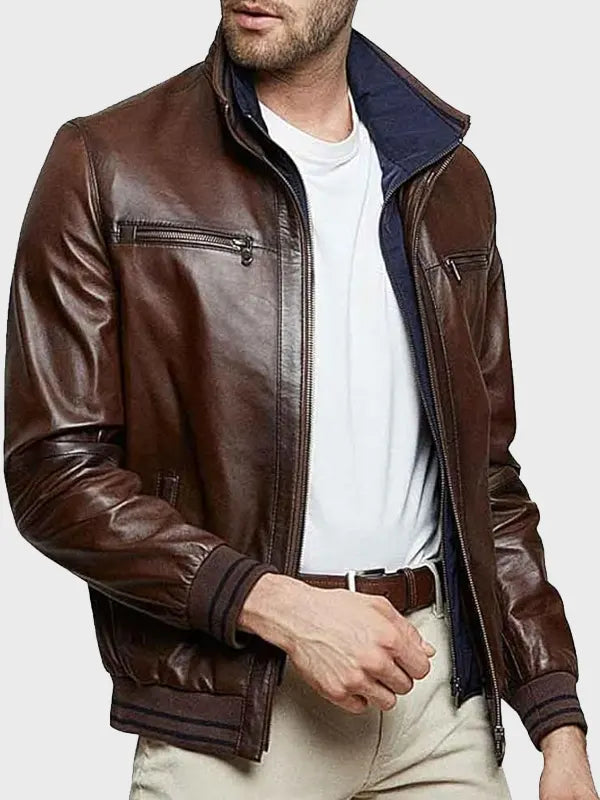 Men's Stand Collar Brown Bomber Leather Jacket