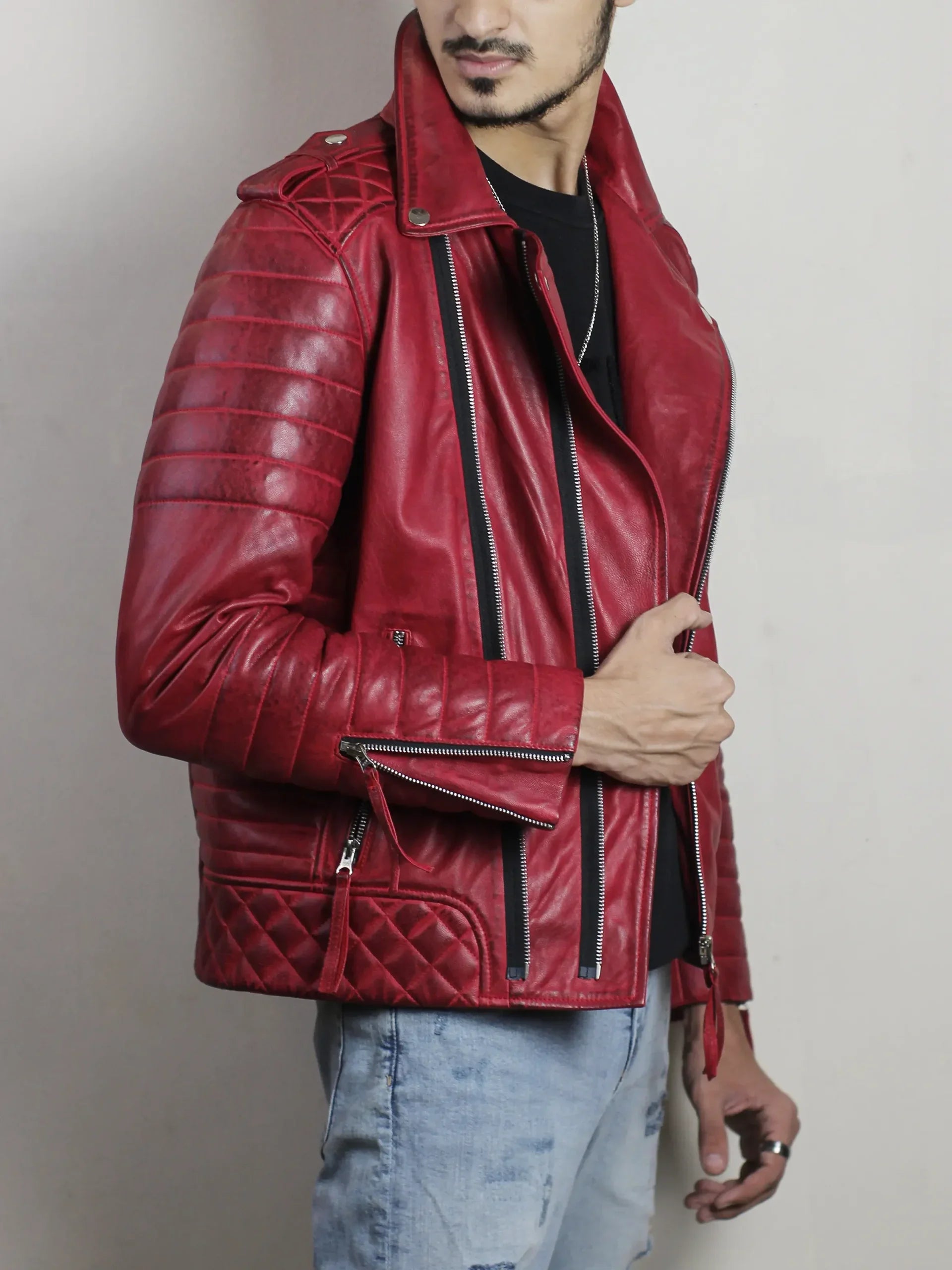 Zerick Dark Red Biker Leather Jacket