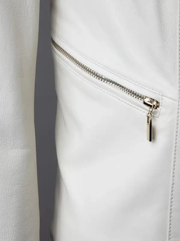 Women's White Collarless Leather Fashion Jacket