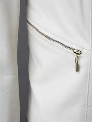 Women's White Collarless Leather Fashion Jacket