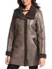 Women Asymmetrical Zip Sheepskin Leather Coat