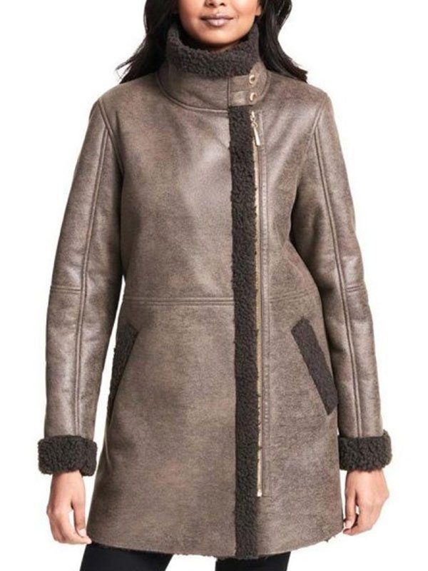 Women Asymmetrical Zip Sheepskin Leather Coat