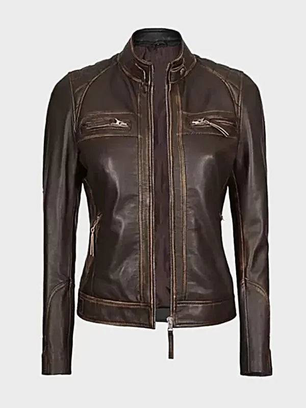Womens Quilted Shoulder Leather Biker Jacket
