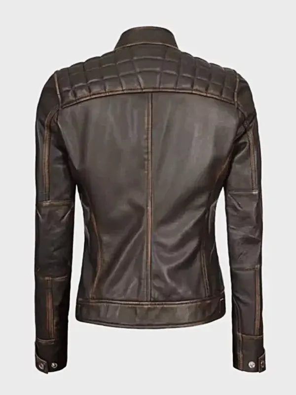 Womens Quilted Shoulder Leather Biker Jacket