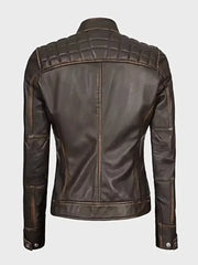 Womens Quilted Shoulder Leather Biker Jacket