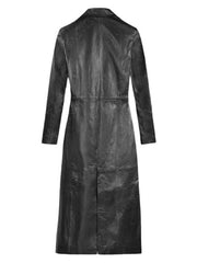 Womens Black Button Leather Trench Coat