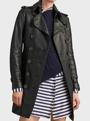 Women's Black Mid Length Leather Coat