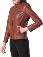 Brown Motorcycle Leather Jacket For Women's
