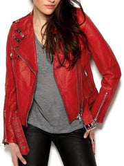 Women's Red Leather Cafe Racer Jacket