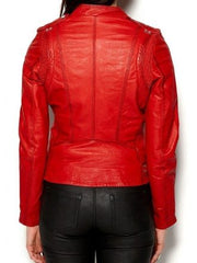 Women's Red Leather Cafe Racer Jacket