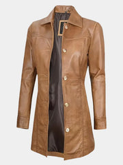 Women's Camel Brown Real Sheepskin Leather Coat