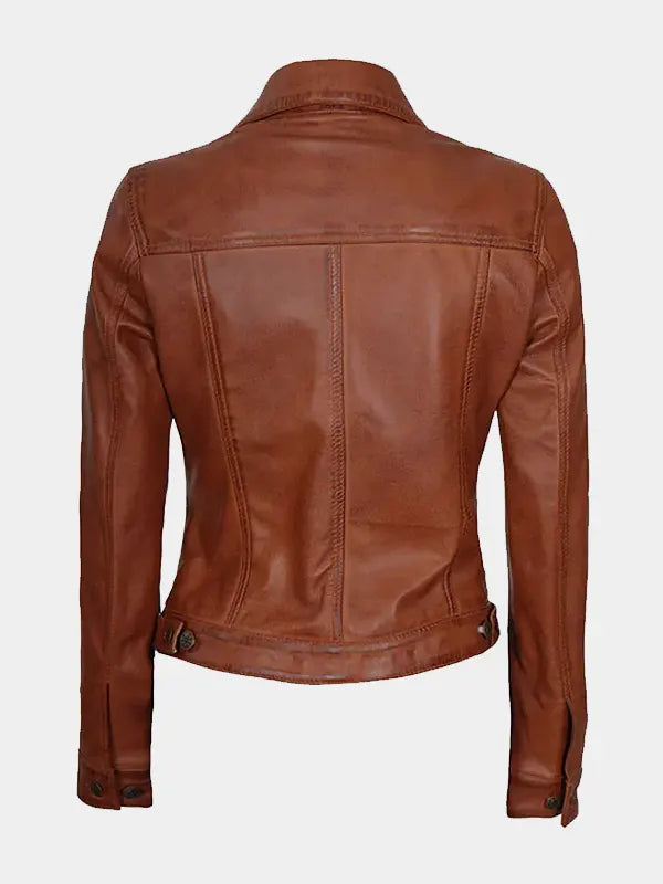 Women's Cognac Trucker Leather Jacket – Lambskin Classic