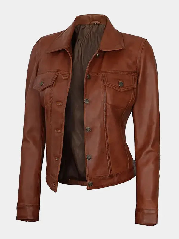 Women's Cognac Trucker Leather Jacket – Lambskin Classic