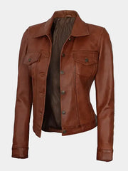 Women's Cognac Trucker Leather Jacket – Lambskin Classic