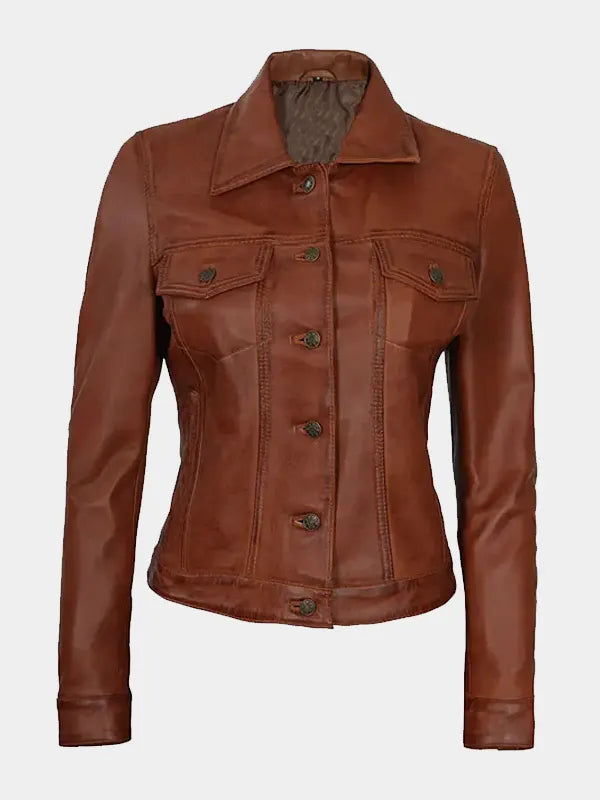 Women's Cognac Trucker Leather Jacket – Lambskin Classic