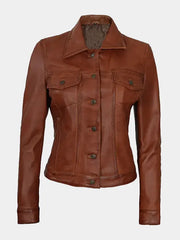 Women's Cognac Trucker Leather Jacket – Lambskin Classic