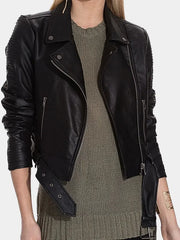Cropped Black Leather Womens Motorcycle Jacket