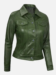 Women's Green Trucker Leather Jacket – Real Lambskin