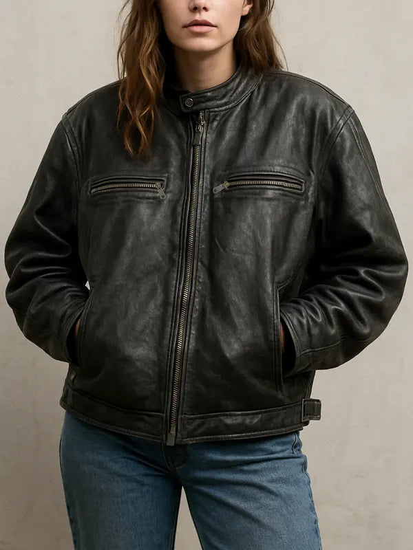 Women's Oversized Cafe Racer Distressed Leather Jacket