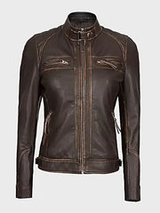 Womens Quilted Shoulder Leather Biker Jacket