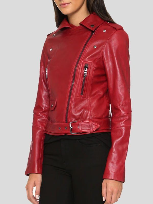 Womens Red Leather Biker Jacket