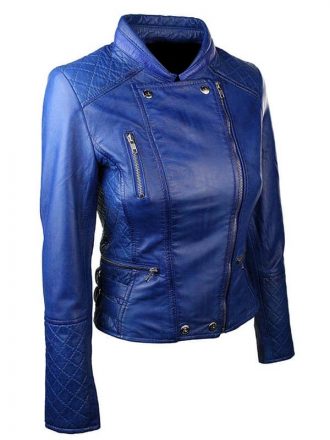 Women's Blue Color Diamond Quilted Biker Jacket